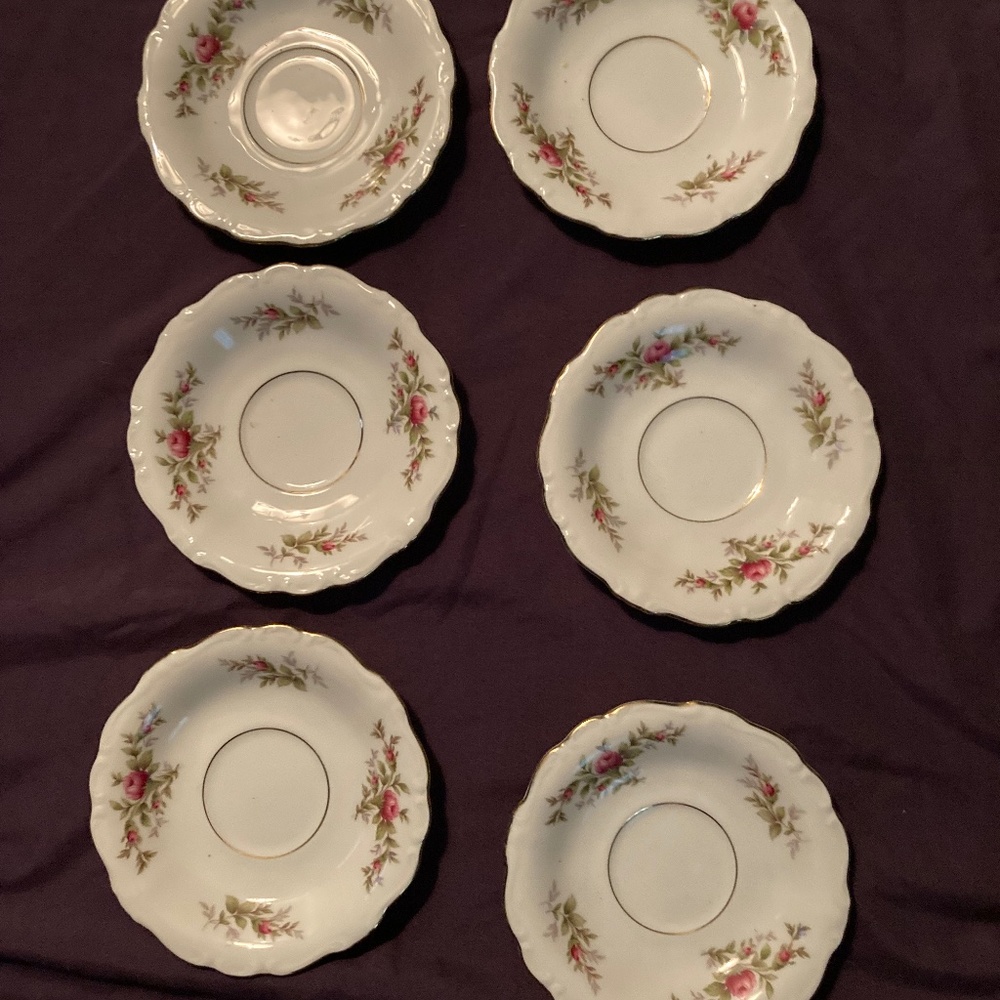 Johann Haviland Bavaria Fine China Pink Moss Rose 6 saucers 7 3/4” gold trim